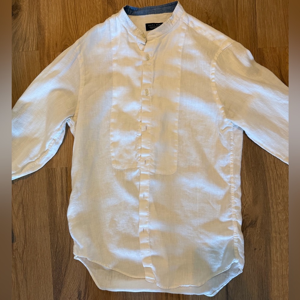 Zara Men White Linen Button-Down Mandarin Collar Shirt